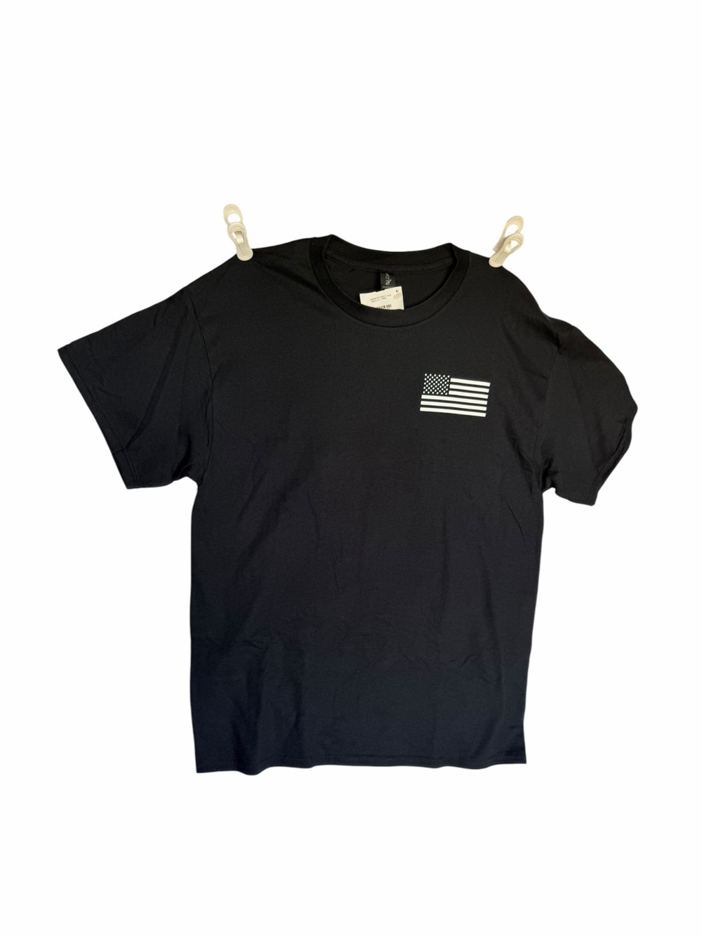 Black T-Shirt with Small White American Flag Graphic